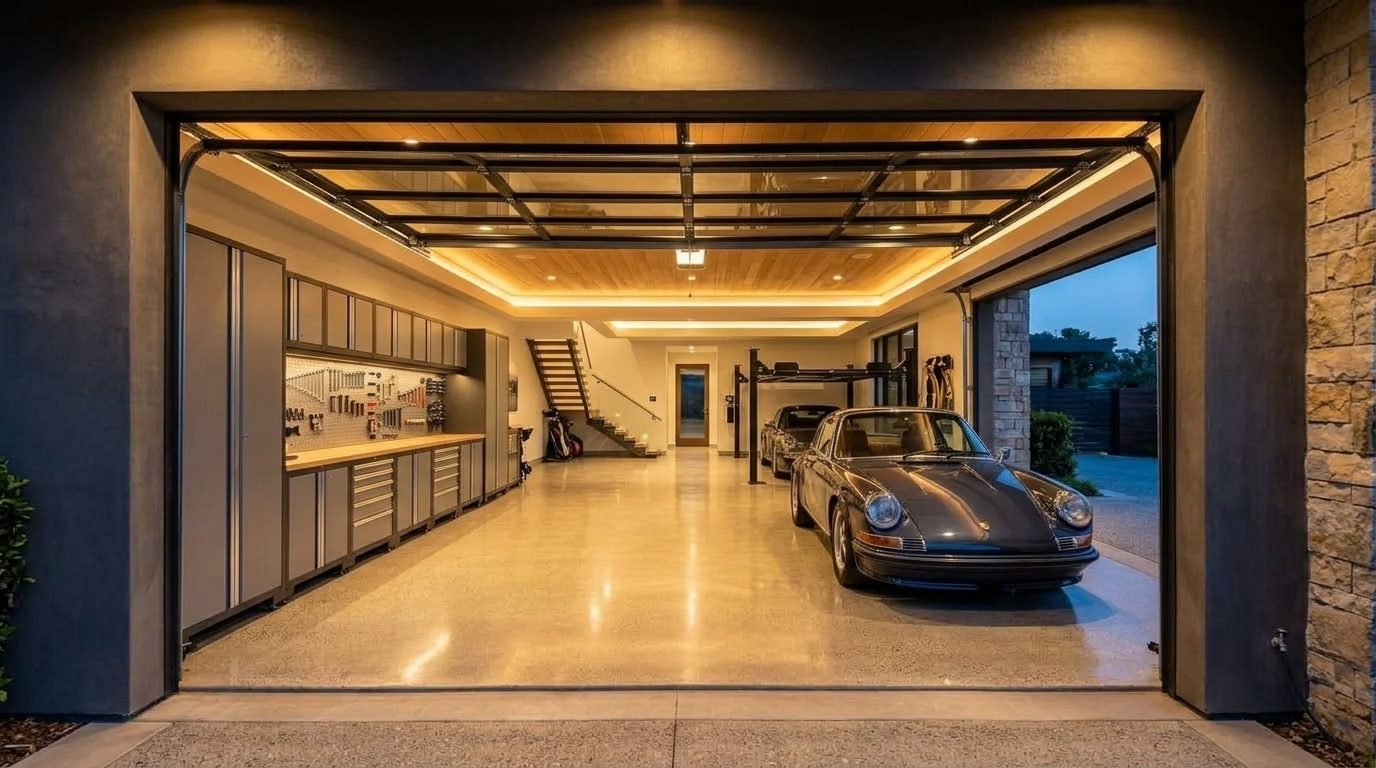 Ortiz Garage Door Services Interior View of Custom Garage Door Overhead and Workshop